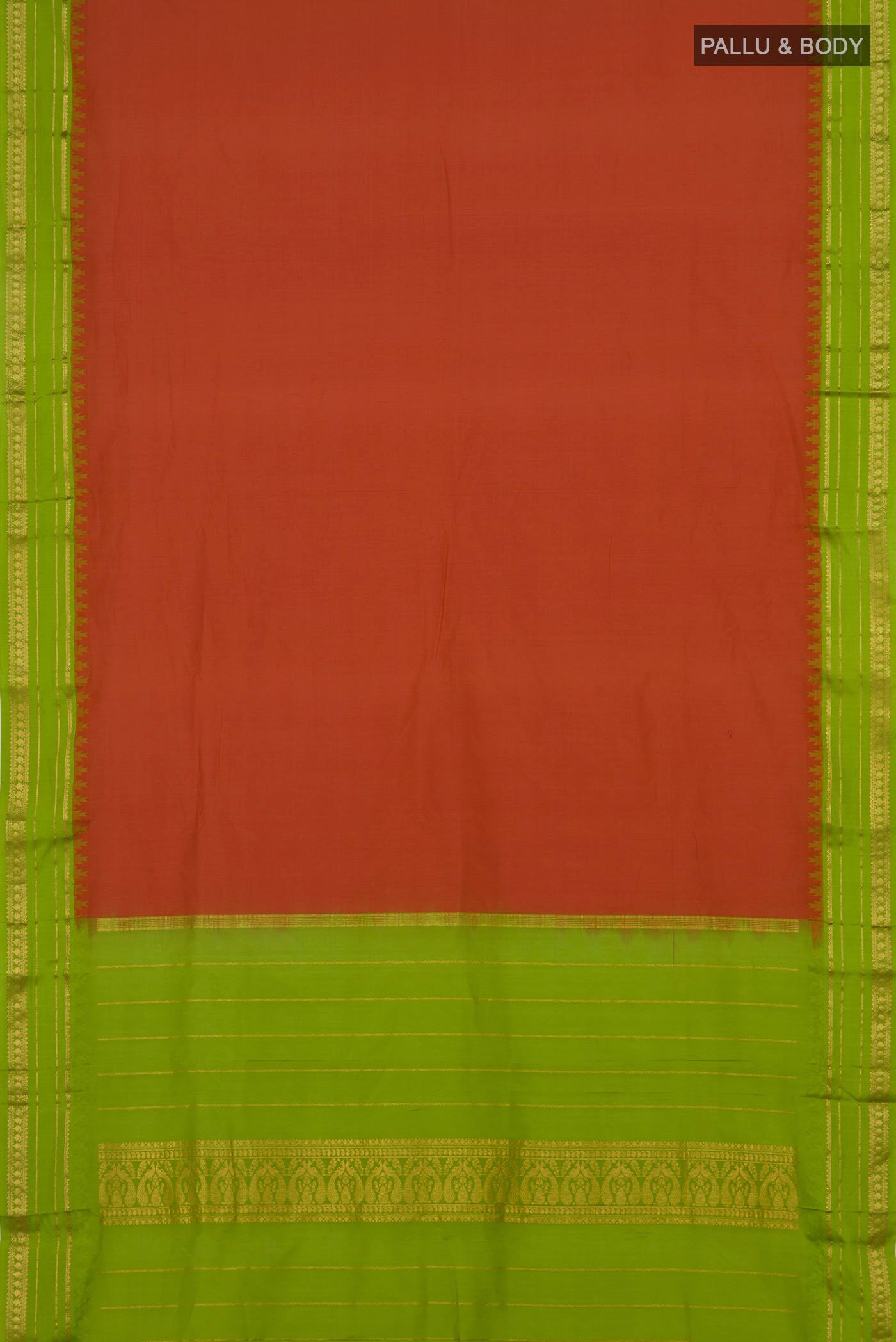 Flat view of Rust Bangalore Silk Saree with Plain Body and Thin Zari Line. 