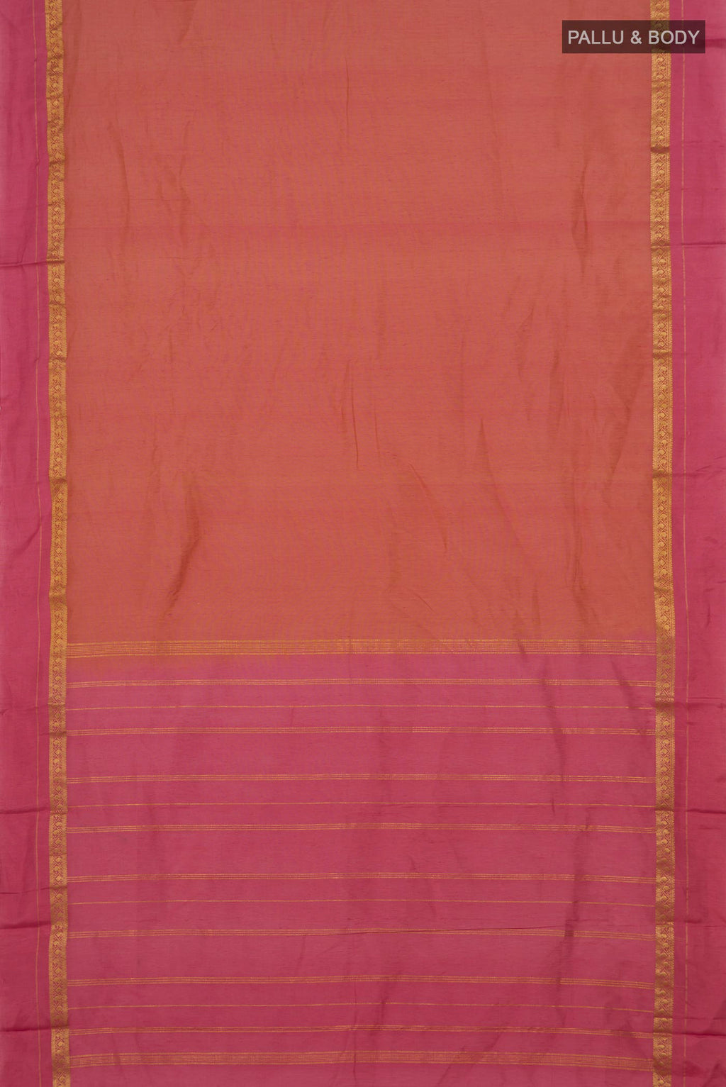 Flat view of Peach Kanchi Cotton Saree with Plain Body and Thin Zari Line. 