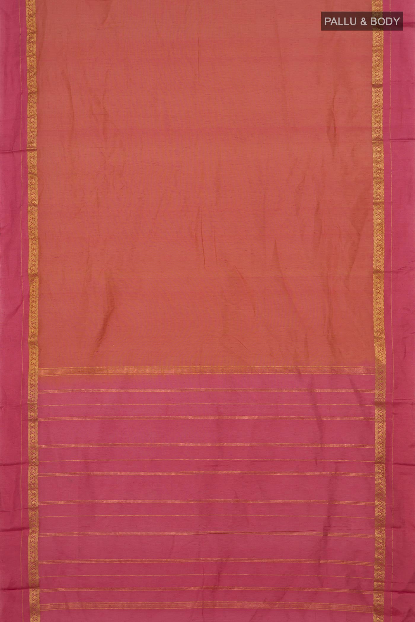 Flat view of Peach Kanchi Cotton Saree with Plain Body and Thin Zari Line. 