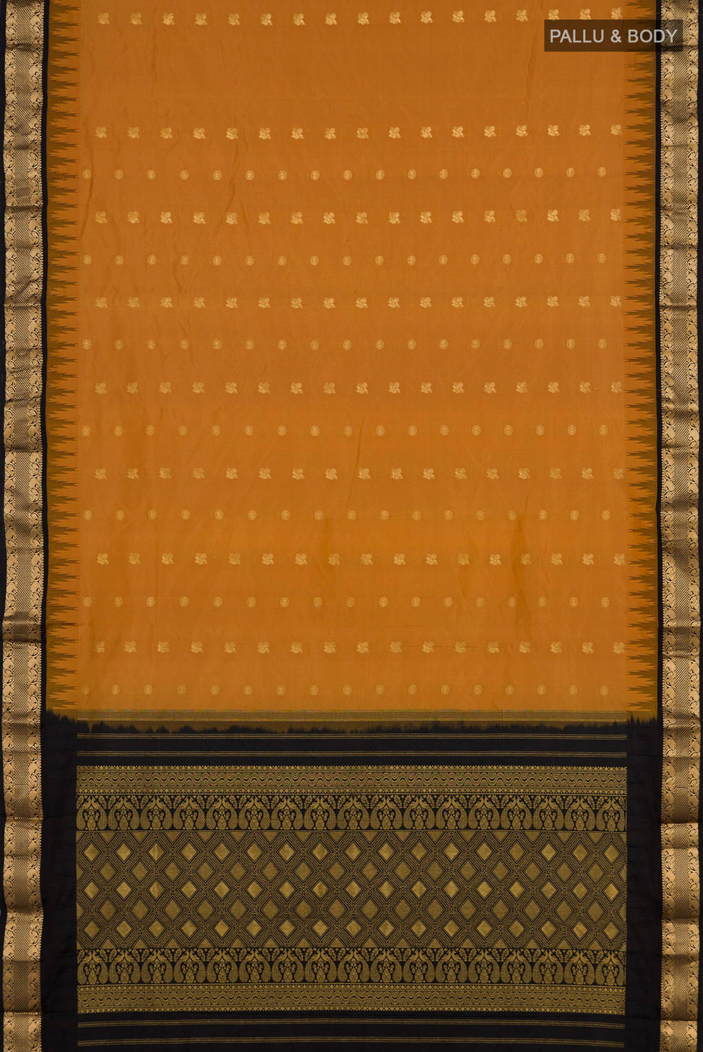 Flat view of Mustard Bangalore Silk Saree with Zari Butta on the body and Zari Border. 