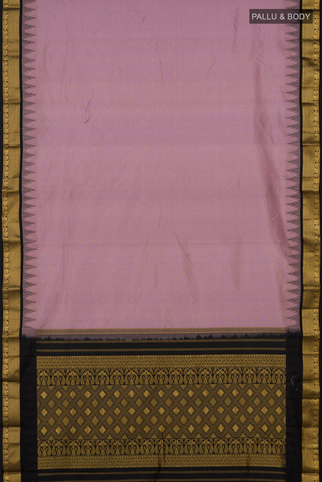 Flat view of Lavender Bangalore Silk Saree with Zari Butta on the body and Zari Border. 