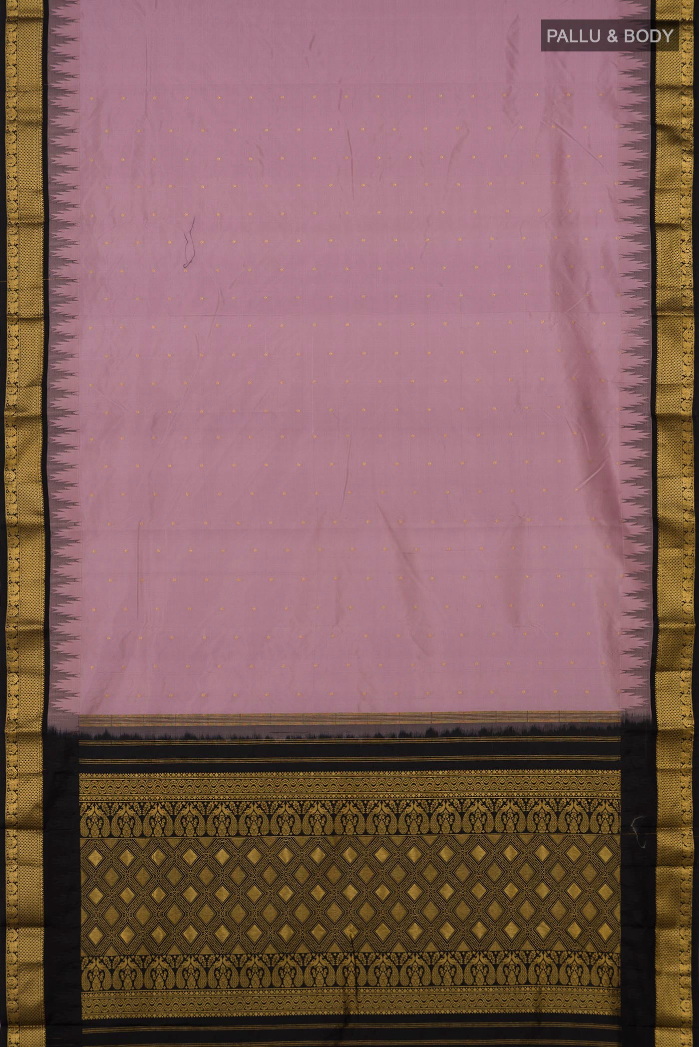 Flat view of Lavender Bangalore Silk Saree with Zari Butta on the body and Zari Border. 