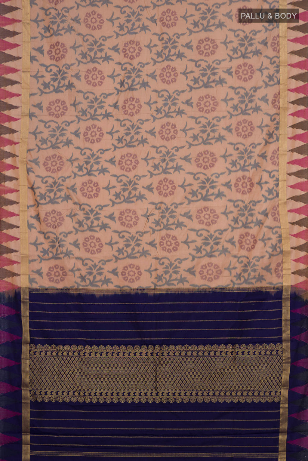 Flat view of Beige Bangalore Silk Saree with Fancy on the body and Temple Border. 