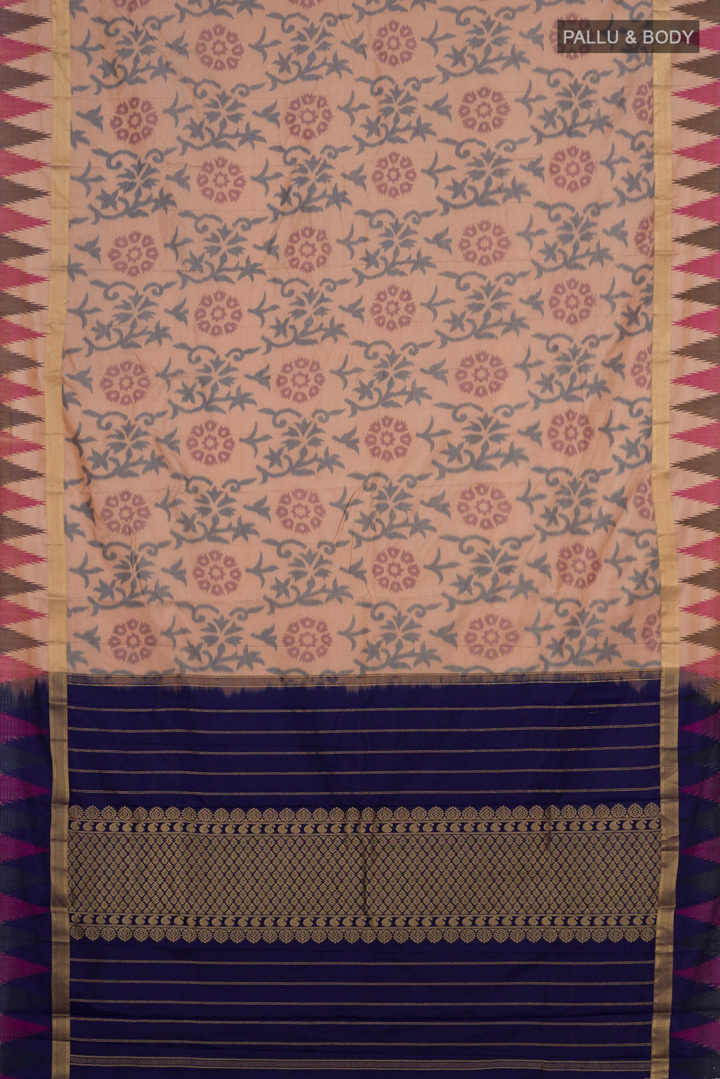 Flat view of Beige Bangalore Silk Saree with Fancy on the body and Temple Border. 