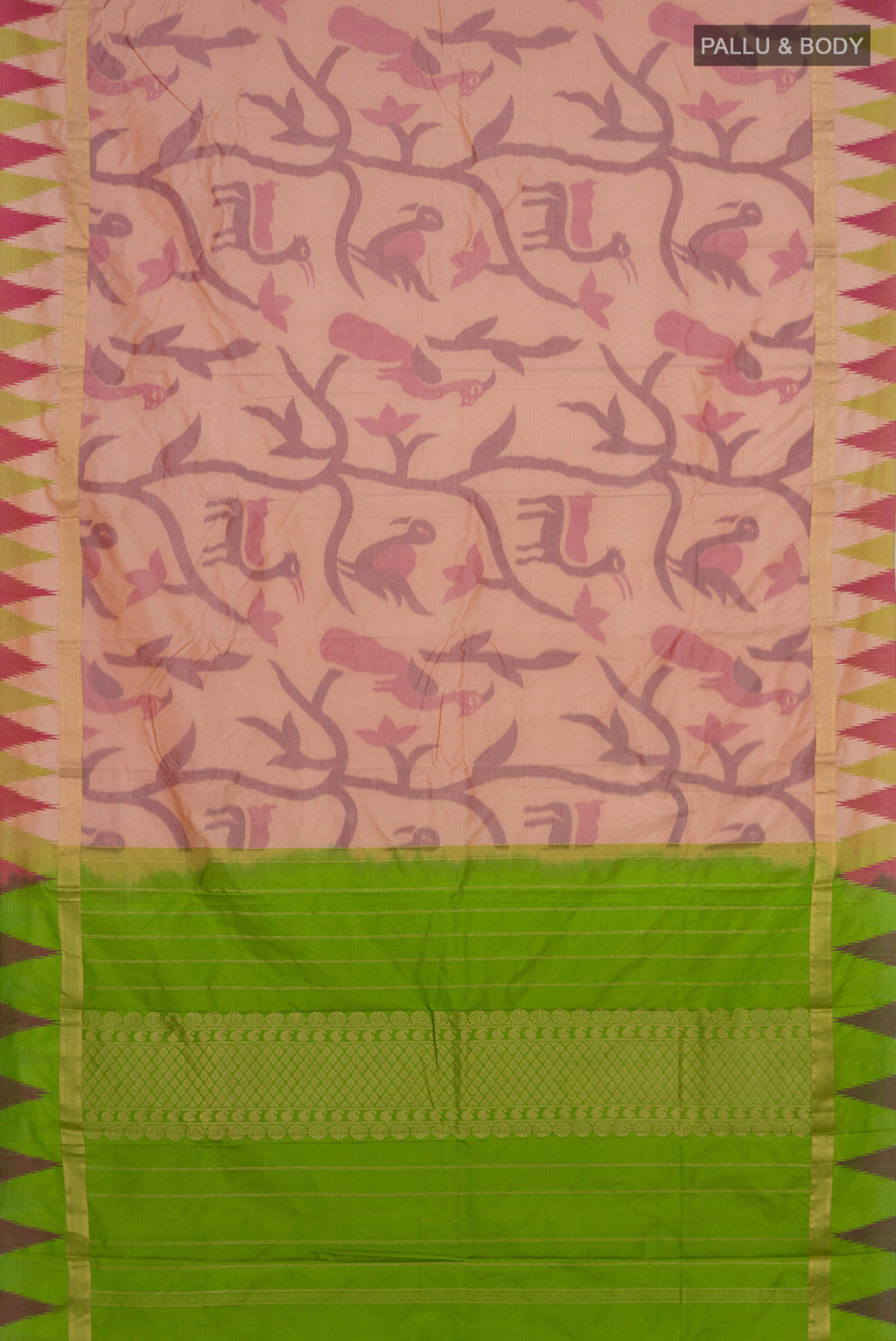Flat view of Rose Gold Bangalore Silk Saree with Fancy on the body and Temple Border. 
