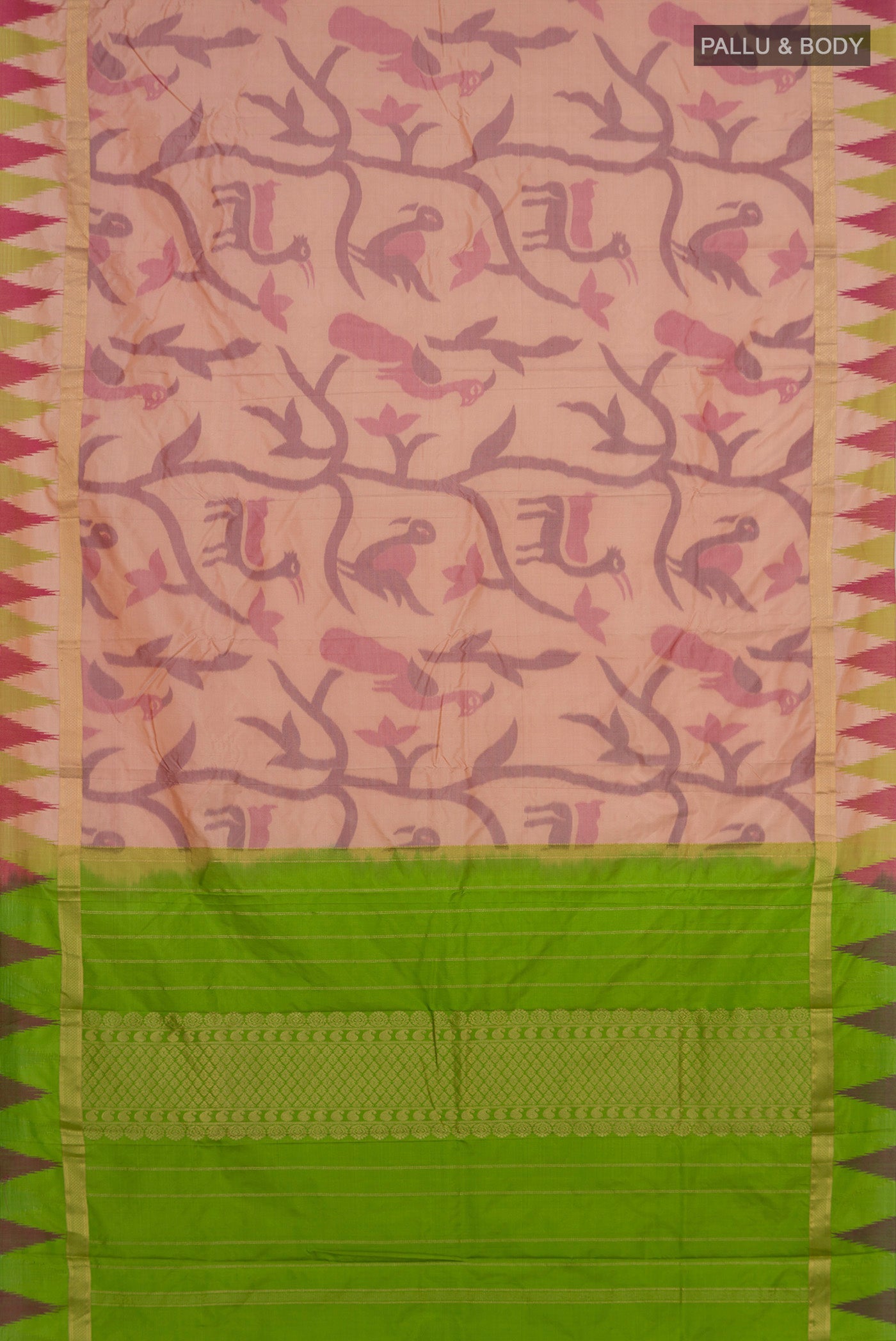 Flat view of Rose Gold Bangalore Silk Saree with Fancy on the body and Temple Border. 