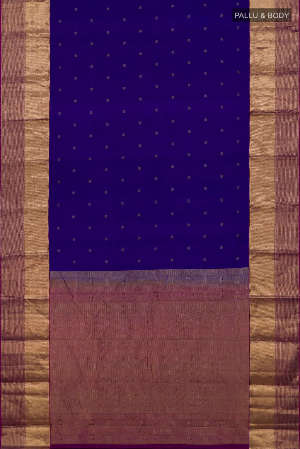 Flat view of Pure Silk Blue Kanchipuram Saree with Zari Butta on the body and Zari Border. 