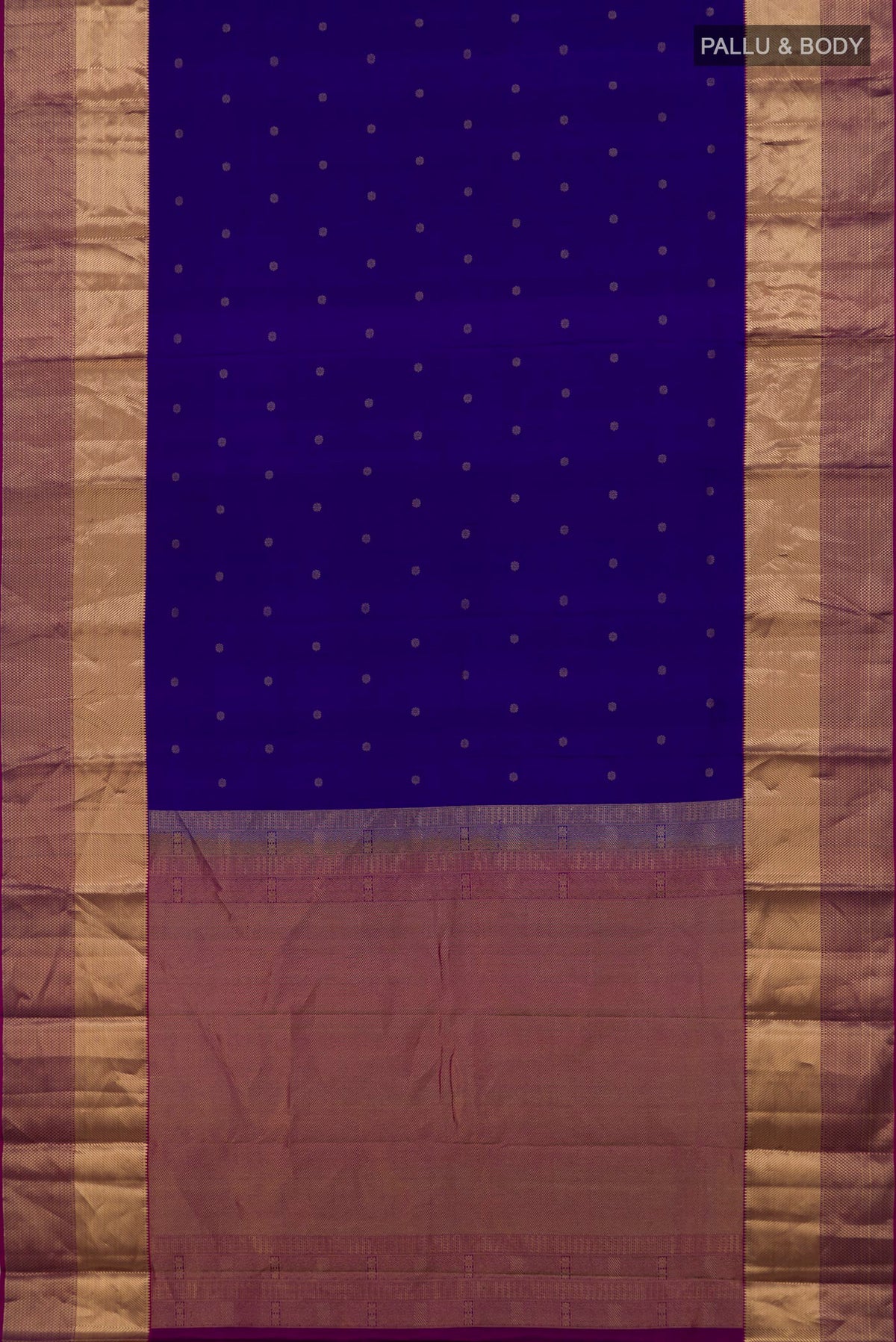 Flat view of Pure Silk Blue Kanchipuram Saree with Zari Butta on the body and Zari Border. 