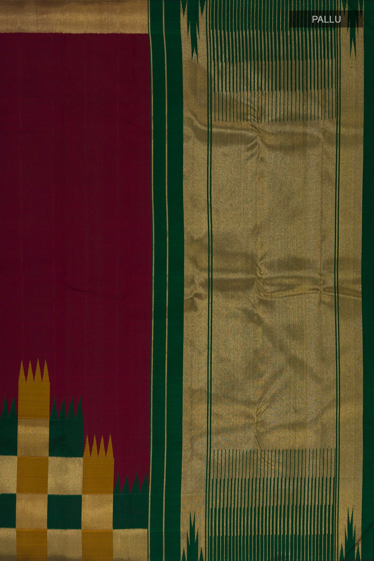 Close up image of the pallu of Pure Silk Maroon Kanchipuram Saree with Plain Body and Temple Border. 