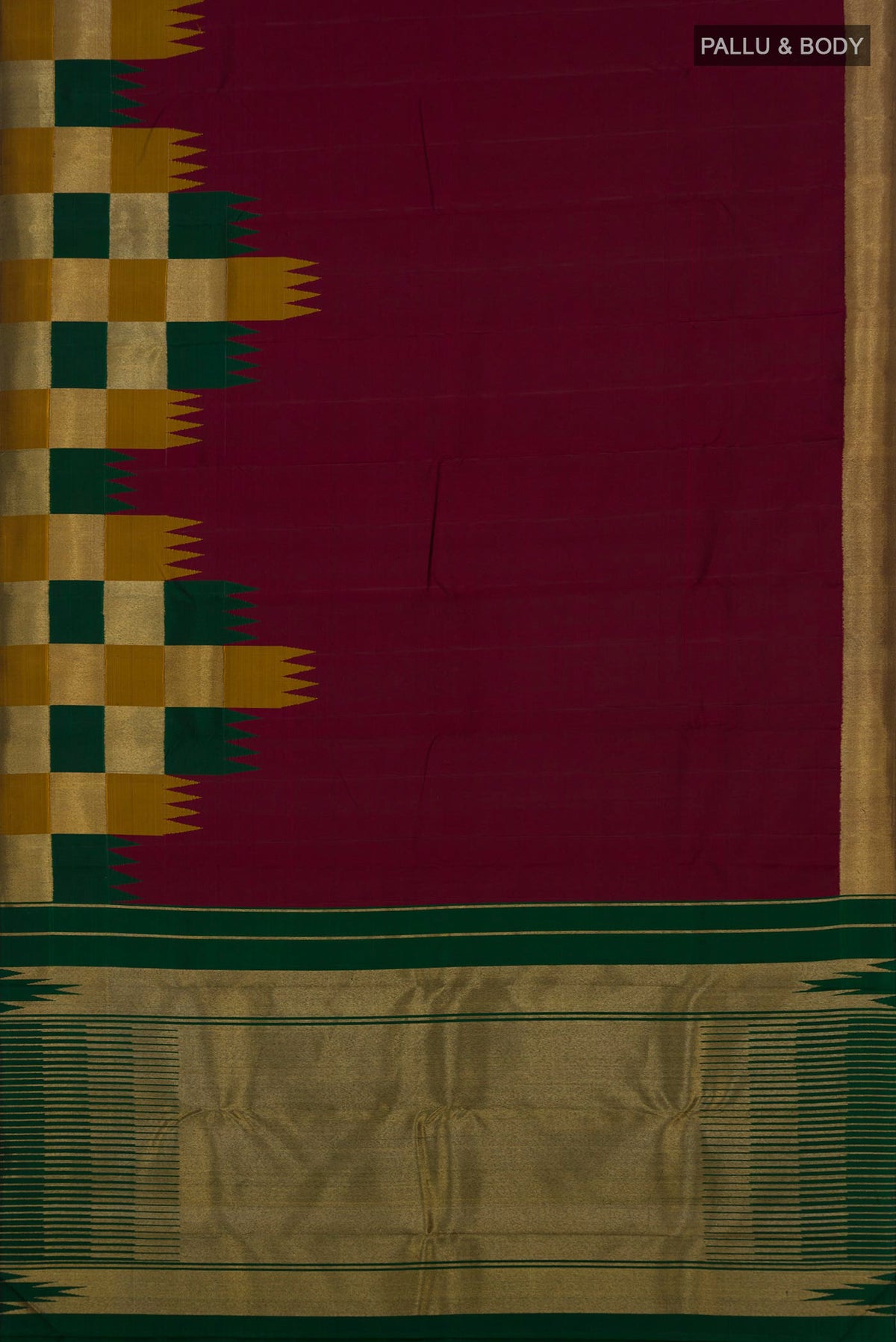 Flat view of Pure Silk Maroon Kanchipuram Saree with Plain Body and Temple Border. 