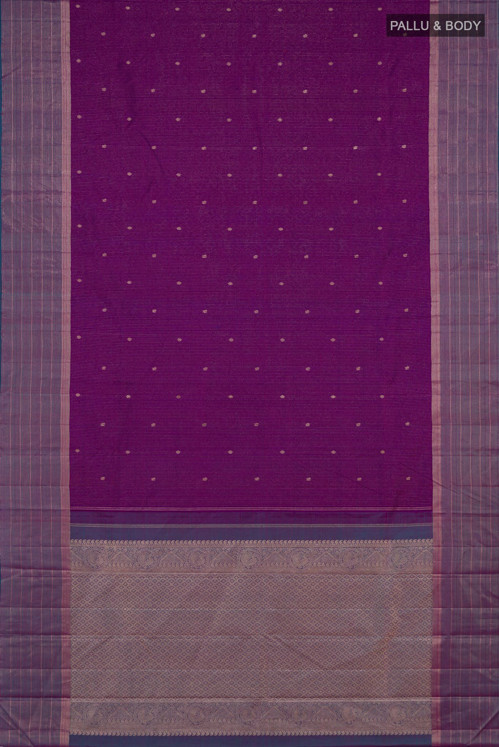 Flat view of Pure Silk Purple Kanjivaram Saree with Stripes on the body and Zari Border. 