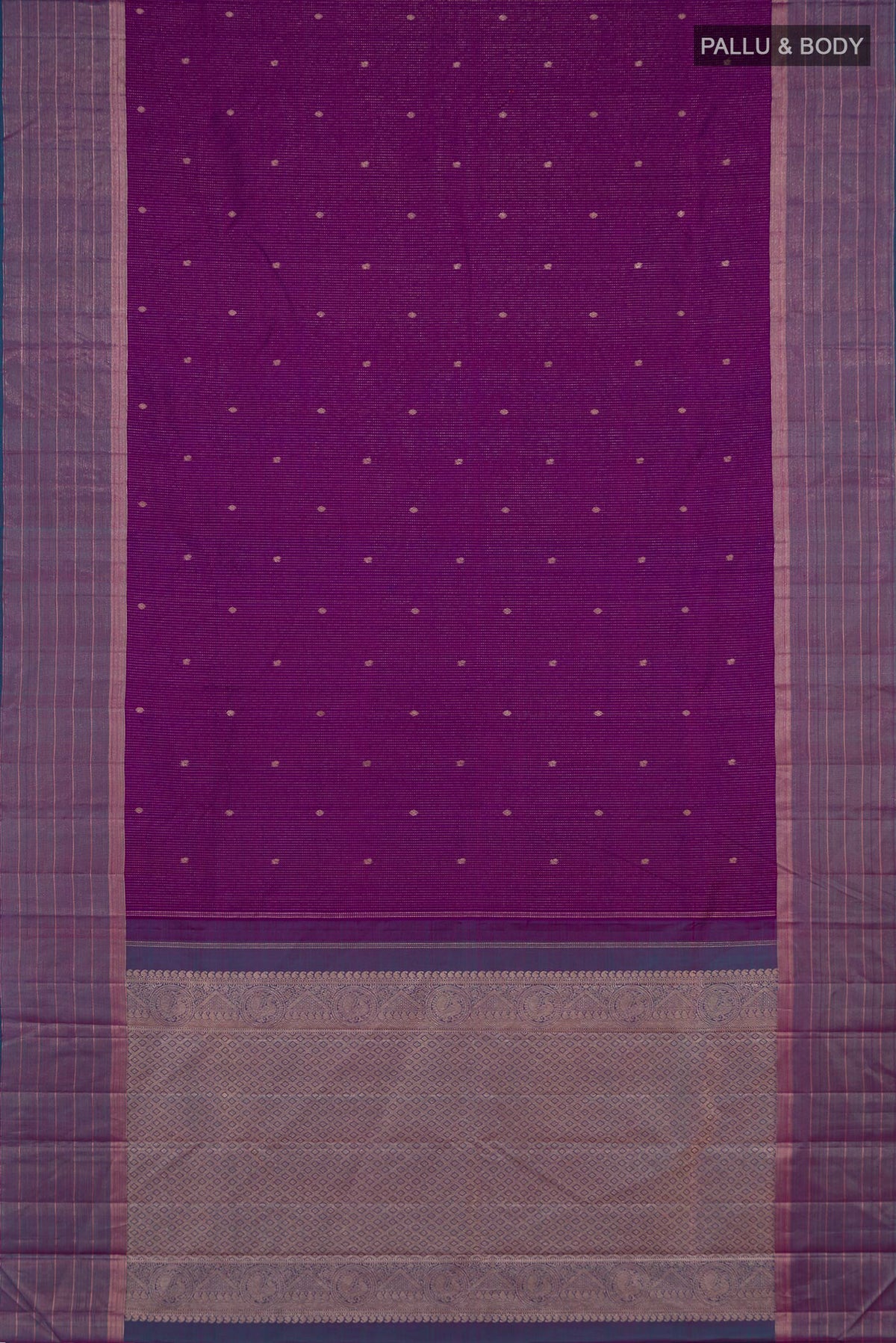 Flat view of Pure Silk Purple Kanjivaram Saree with Stripes on the body and Zari Border. 
