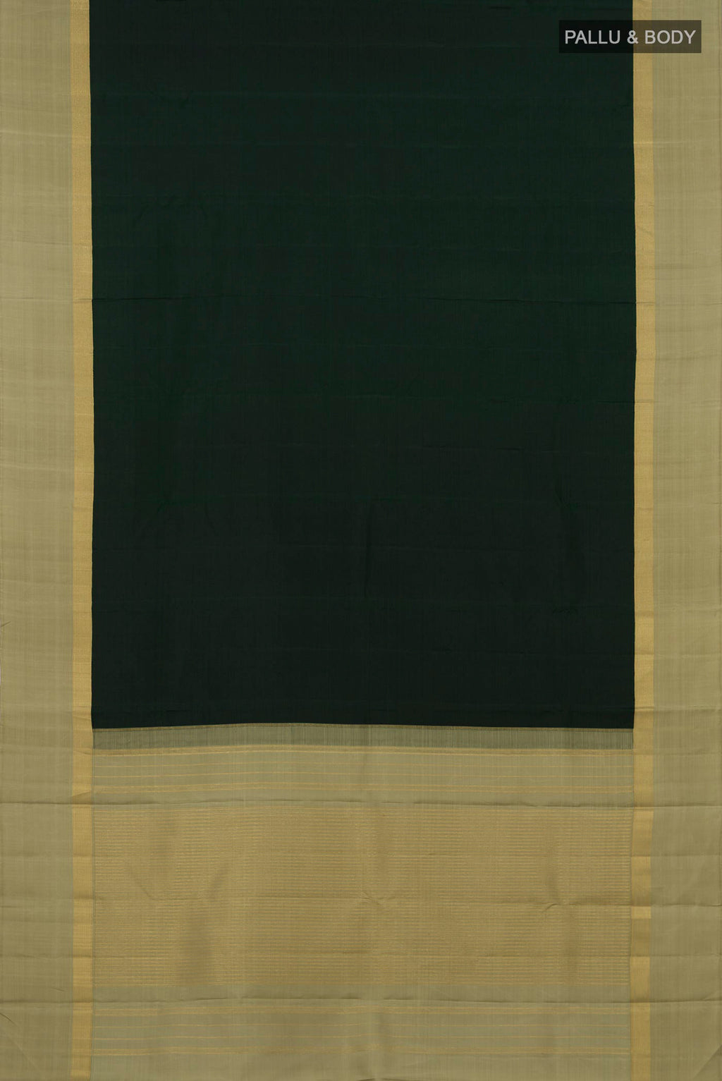 Flat view of Bottle Green Kanjivaram Silk Saree with Plain Body and Plain Border. 
