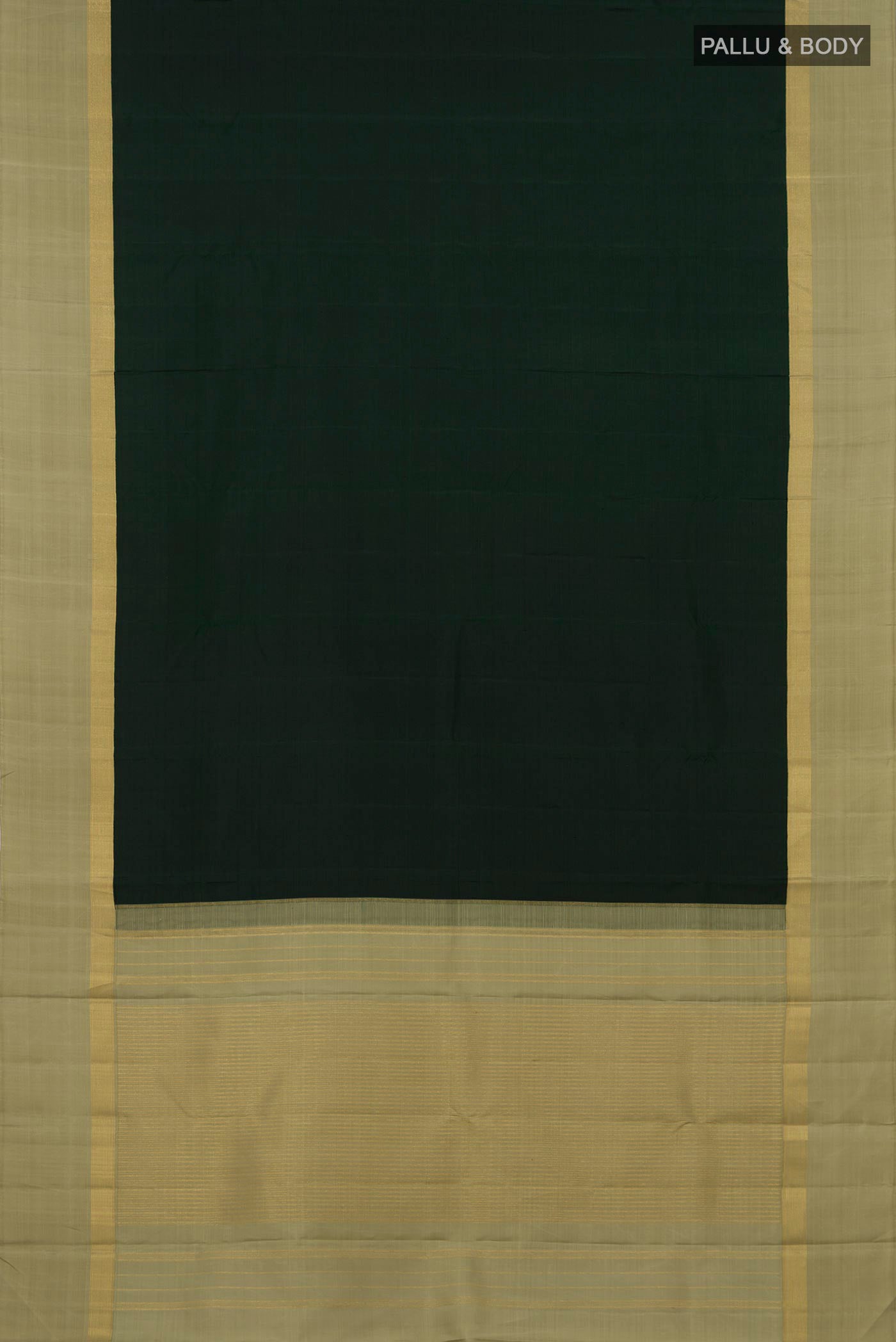 Flat view of Bottle Green Kanjivaram Silk Saree with Plain Body and Plain Border. 