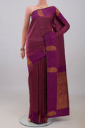 Purple Kanjivaram Silk Saree with Stripes on the body and Zari Border.  displayed on a mannequin