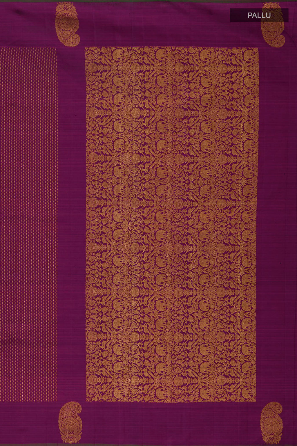Close up image of the pallu of Purple Kanjivaram Silk Saree with Stripes on the body and Zari Border. 