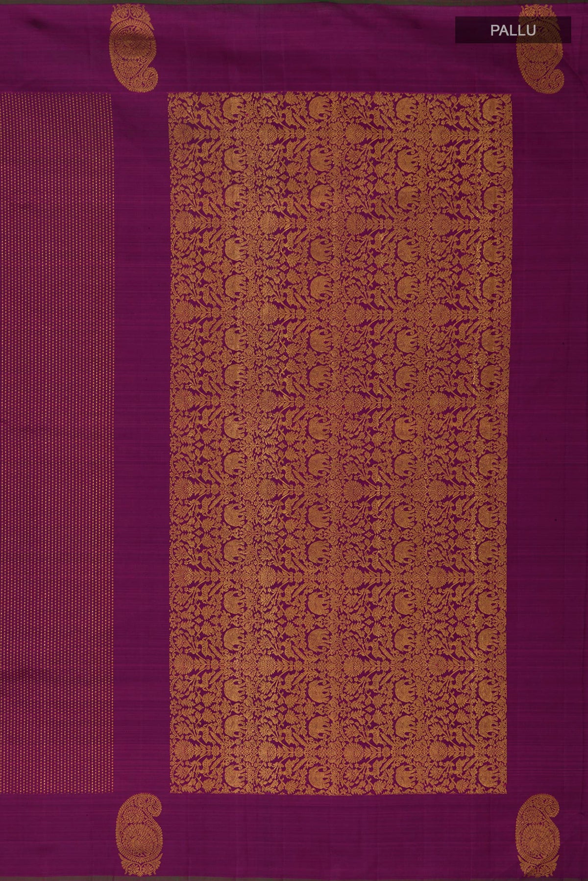 Close up image of the pallu of Purple Kanjivaram Silk Saree with Stripes on the body and Zari Border. 