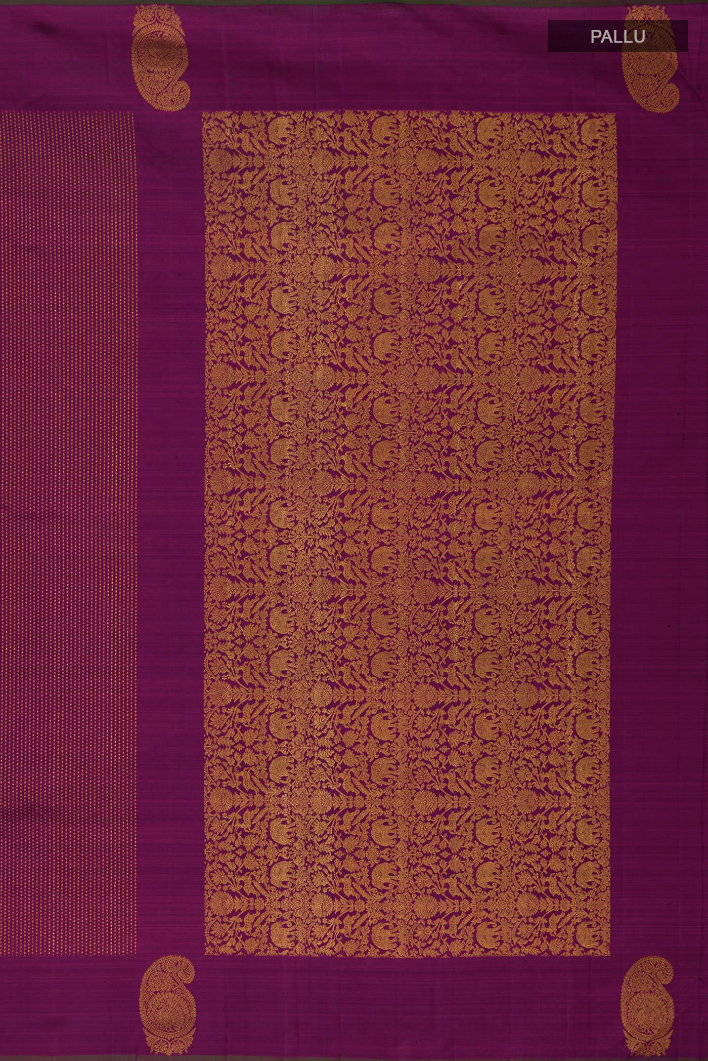 Close up image of the pallu of Purple Kanjivaram Silk Saree with Stripes on the body and Zari Border. 