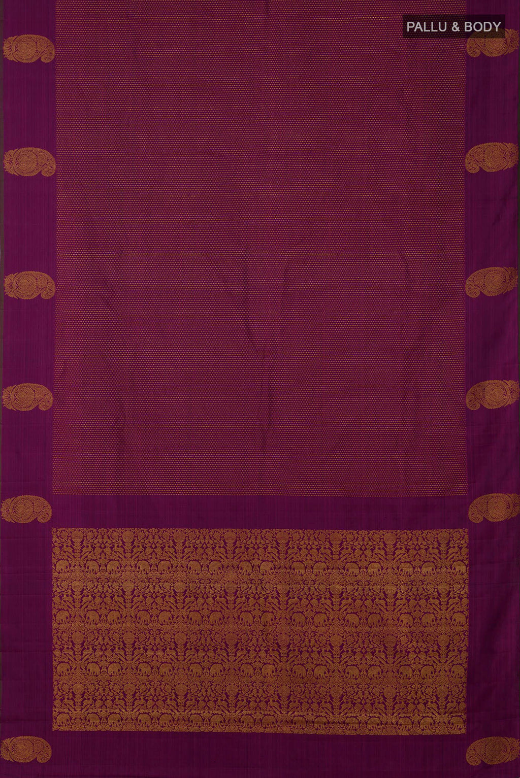 Flat view of Purple Kanjivaram Silk Saree with Stripes on the body and Zari Border. 