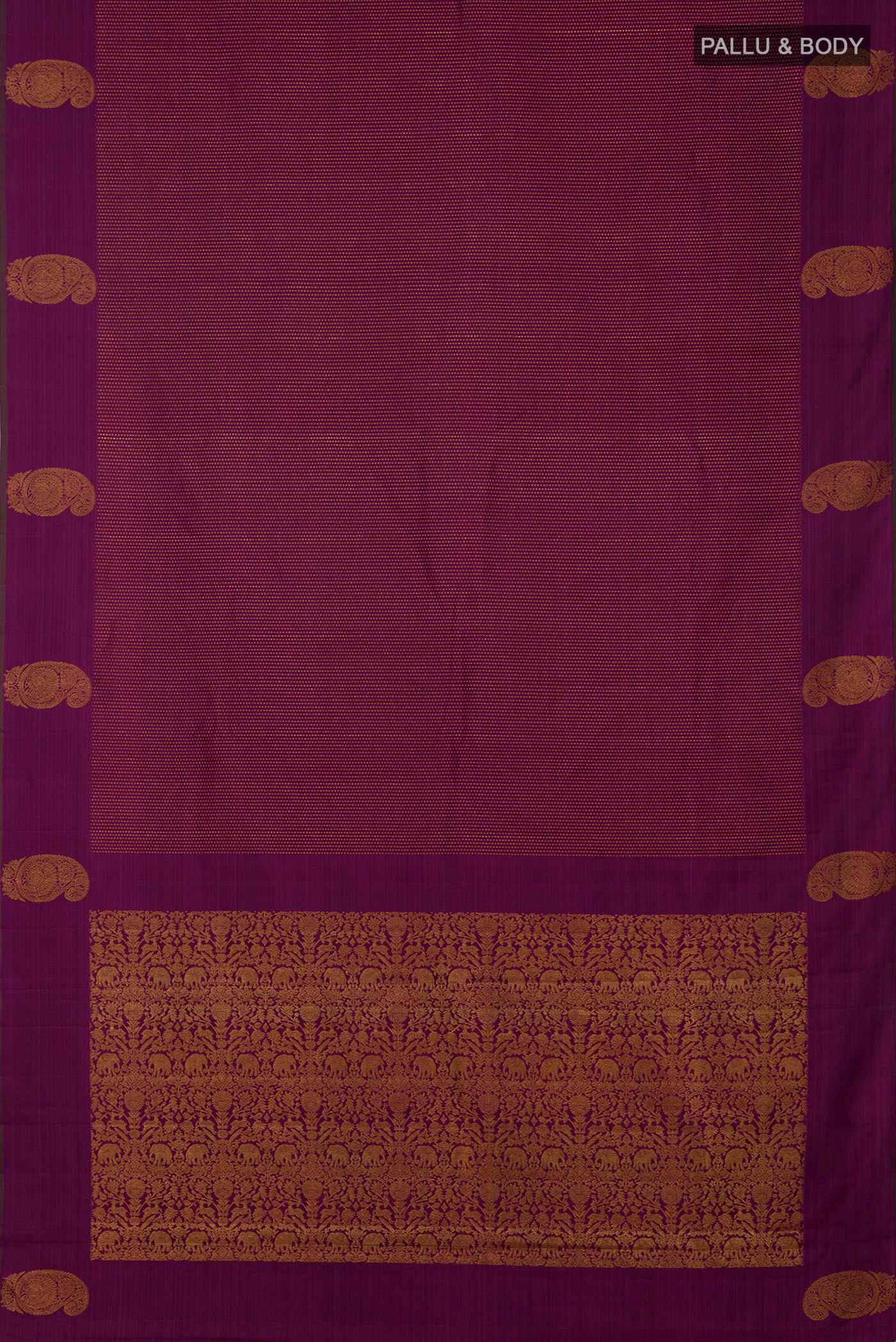 Flat view of Purple Kanjivaram Silk Saree with Stripes on the body and Zari Border. 