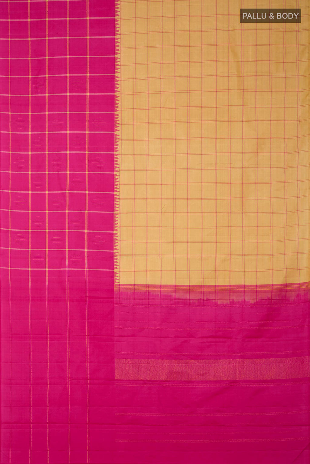 Flat view of Multi Color Kanchipuram Silk Saree with Checked design on the body and Without Border. 