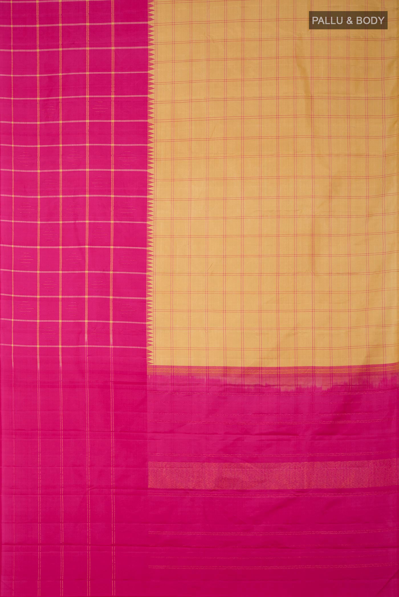 Flat view of Multi Color Kanchipuram Silk Saree with Checked design on the body and Without Border. 