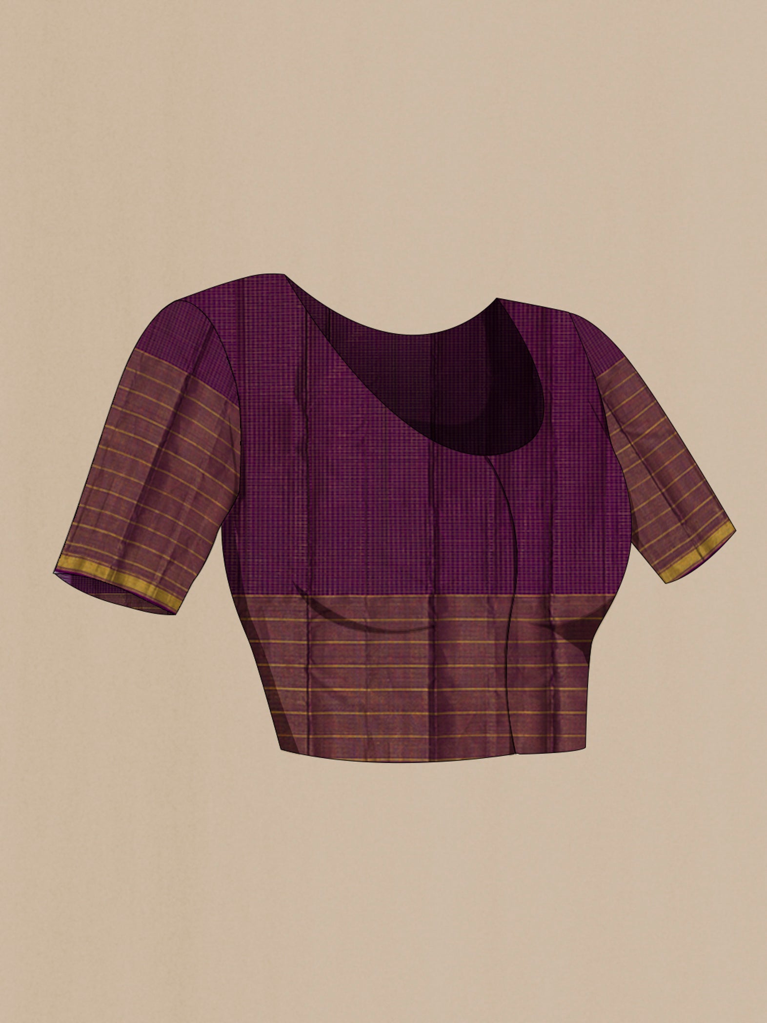 Close up image of the blouse of Pure Silk Pure Zari Mustard Kanjivaram Saree with Checked design on the body and Ganga Jamuna Border. 