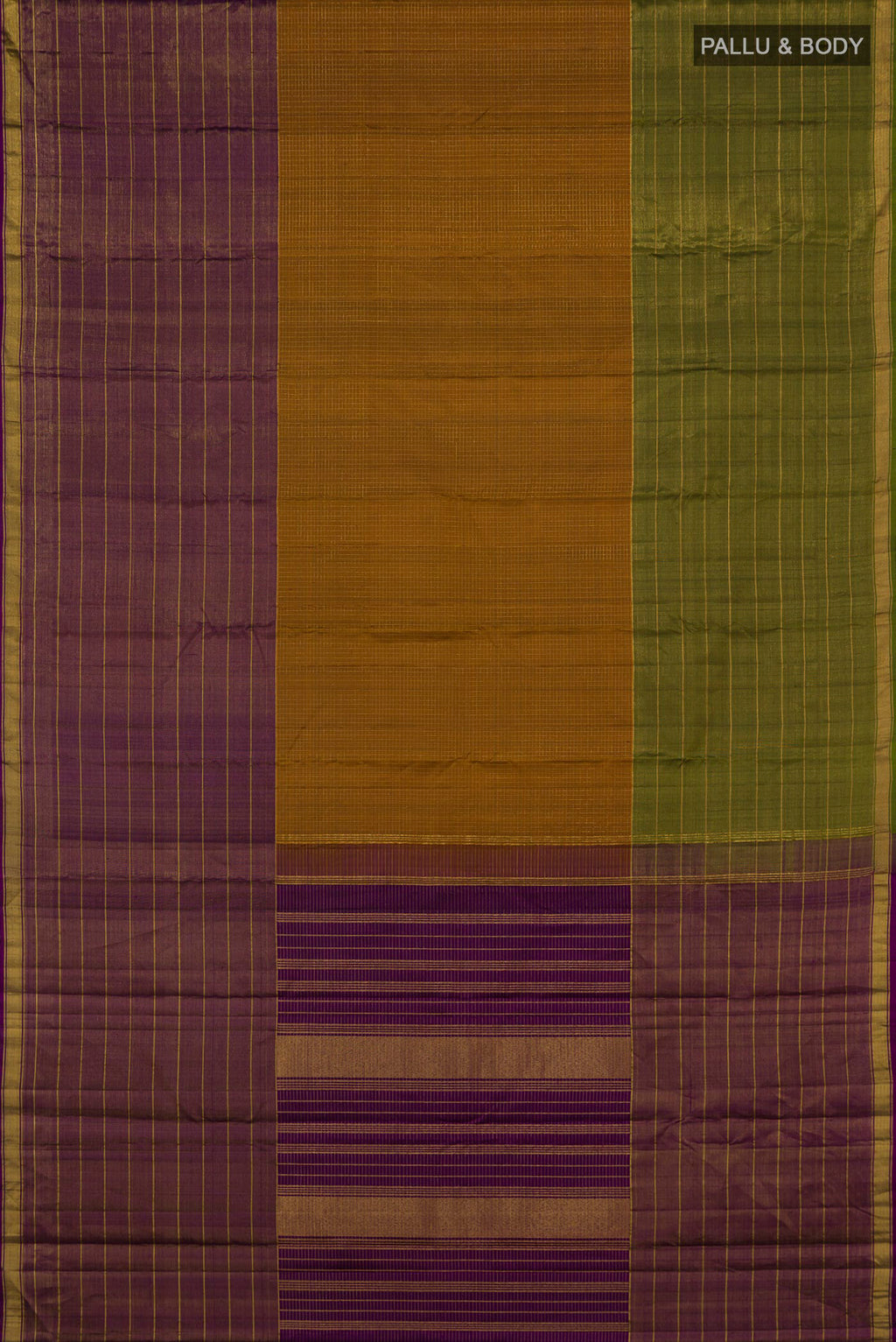 Flat view of Pure Silk Pure Zari Mustard Kanjivaram Saree with Checked design on the body and Ganga Jamuna Border. 