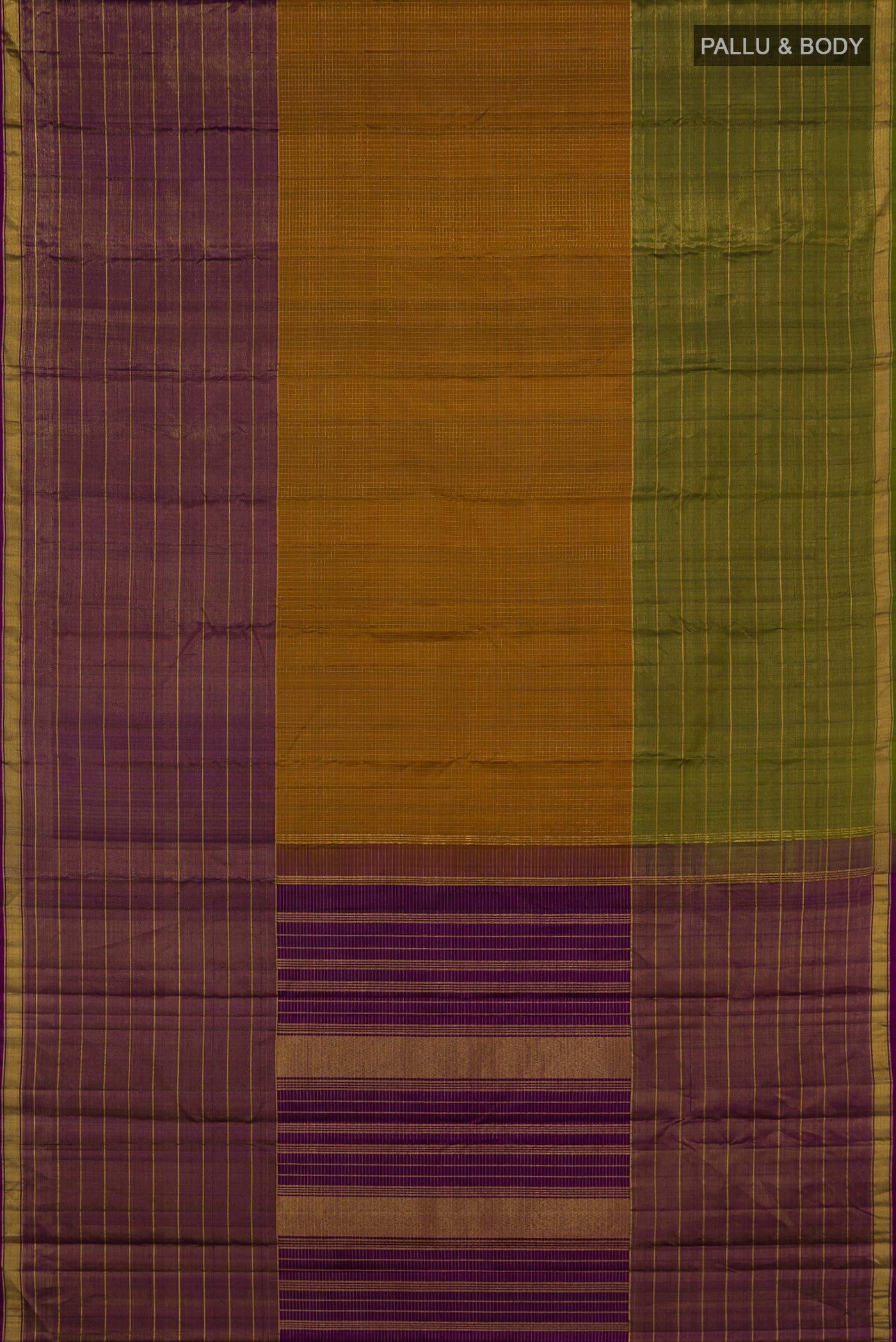 Flat view of Pure Silk Pure Zari Mustard Kanjivaram Saree with Checked design on the body and Ganga Jamuna Border. 
