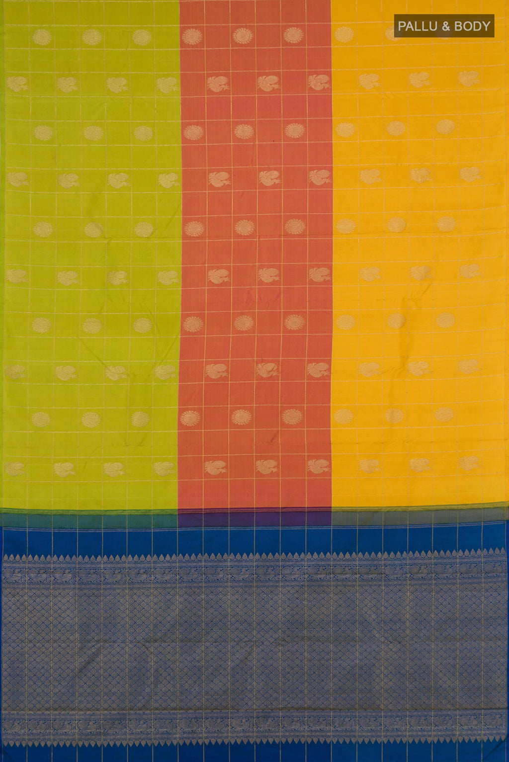Flat view of Multi Color Kanjivaram Silk Saree with Checked design on the body and Without Border. 
