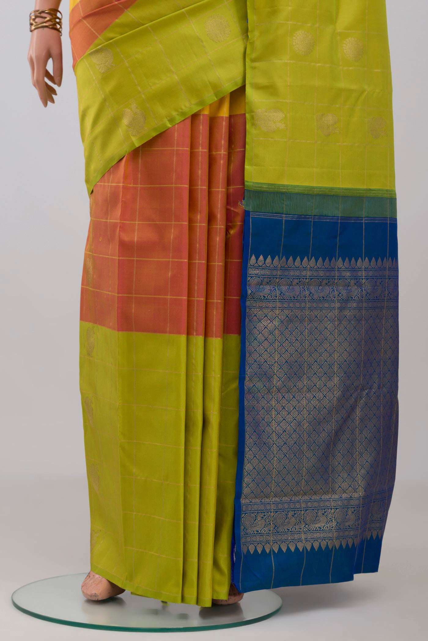 Pleats and pallu of Multi Color Kanjivaram Silk Saree with Checked design on the body and Without Border. 