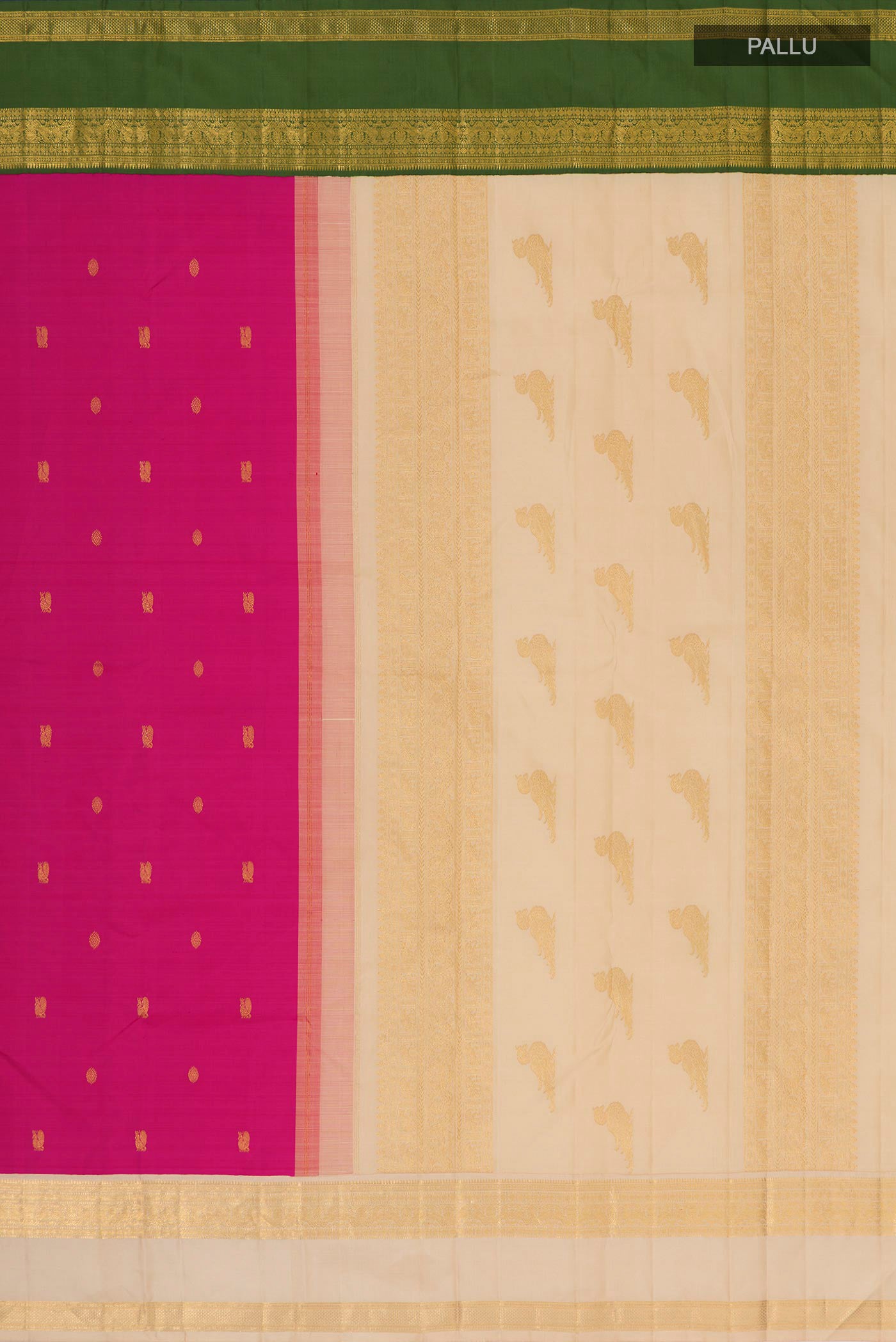 Close up image of the pallu of Rani Pink Kanjivaram Silk Saree with Zari Butta on the body and Ganga Jamuna Border. 