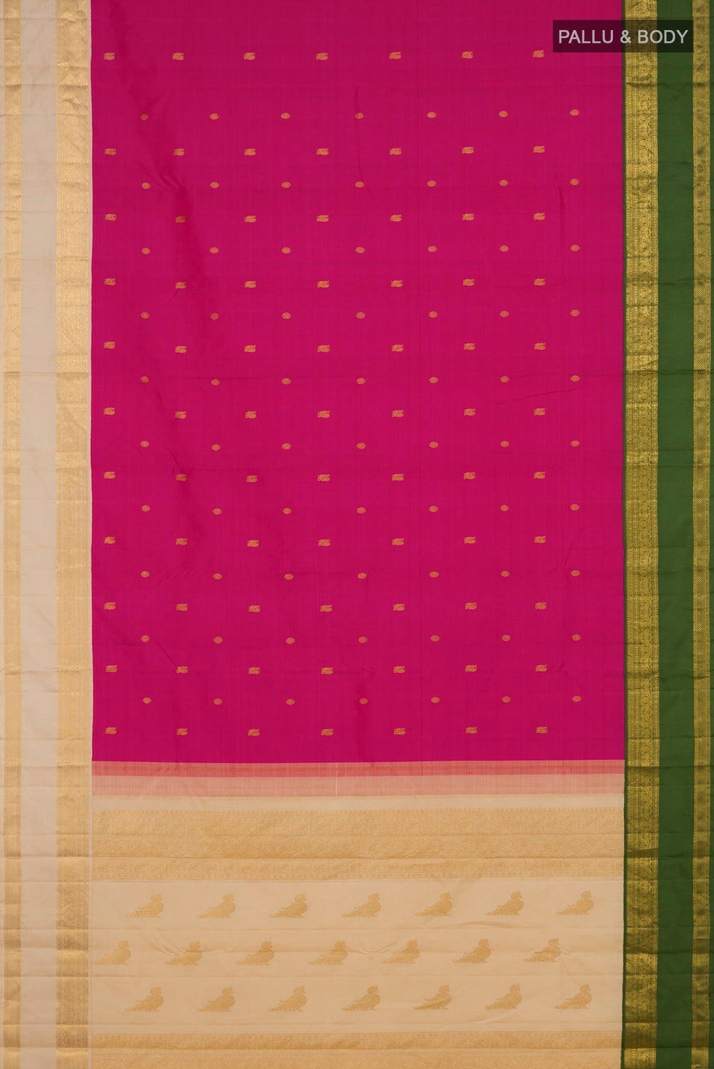 Flat view of Rani Pink Kanjivaram Silk Saree with Zari Butta on the body and Ganga Jamuna Border. 