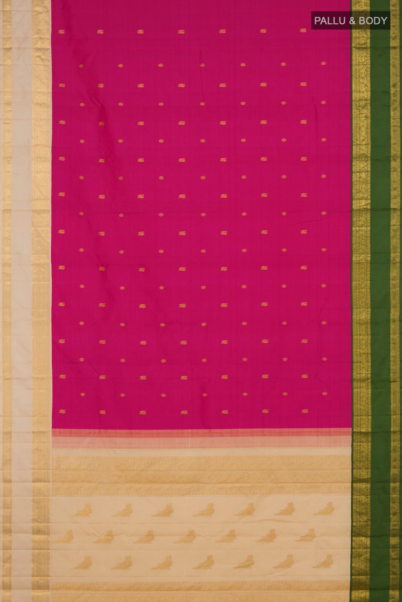 Flat view of Rani Pink Kanjivaram Silk Saree with Zari Butta on the body and Ganga Jamuna Border. 