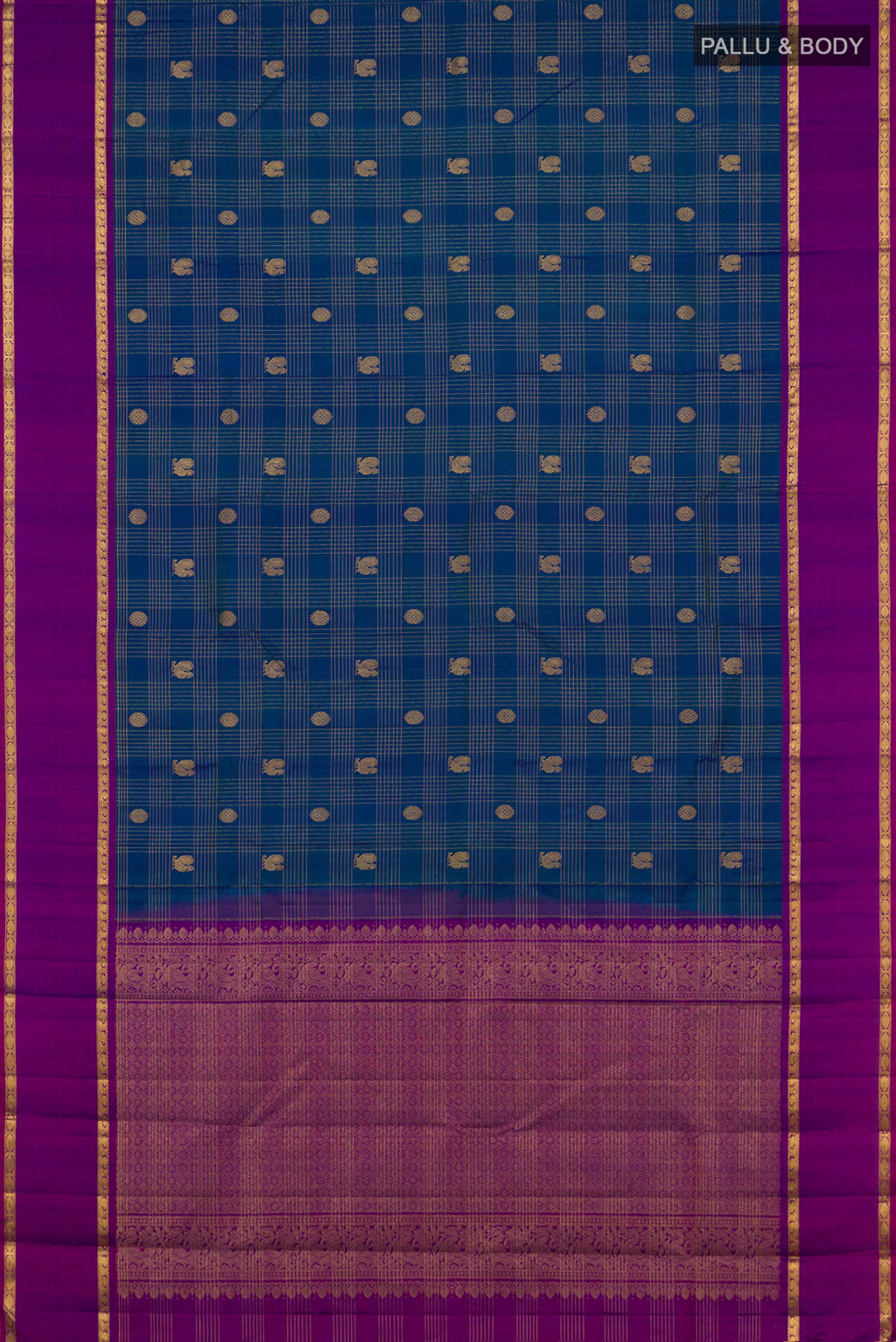 Flat view of Peacock Blue Kanjivaram Silk Saree with Checked design on the body and Plain Border. 
