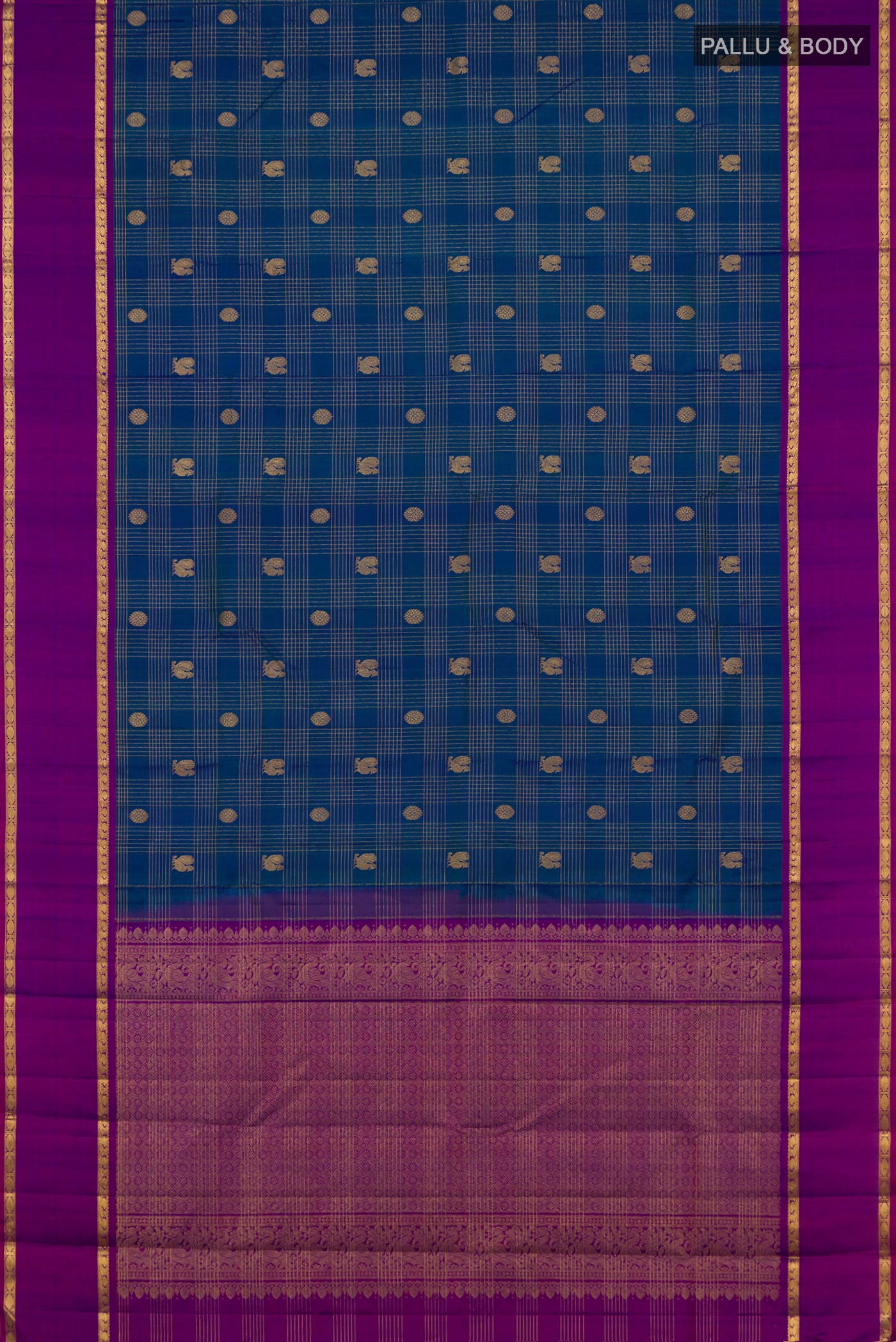 Flat view of Peacock Blue Kanjivaram Silk Saree with Checked design on the body and Plain Border. 