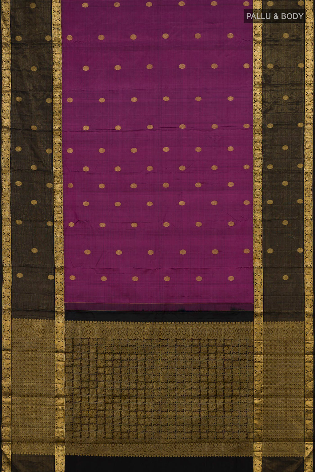 Flat view of Purple Kanjivaram Silk Saree with Zari Butta on the body and Zari Border. 