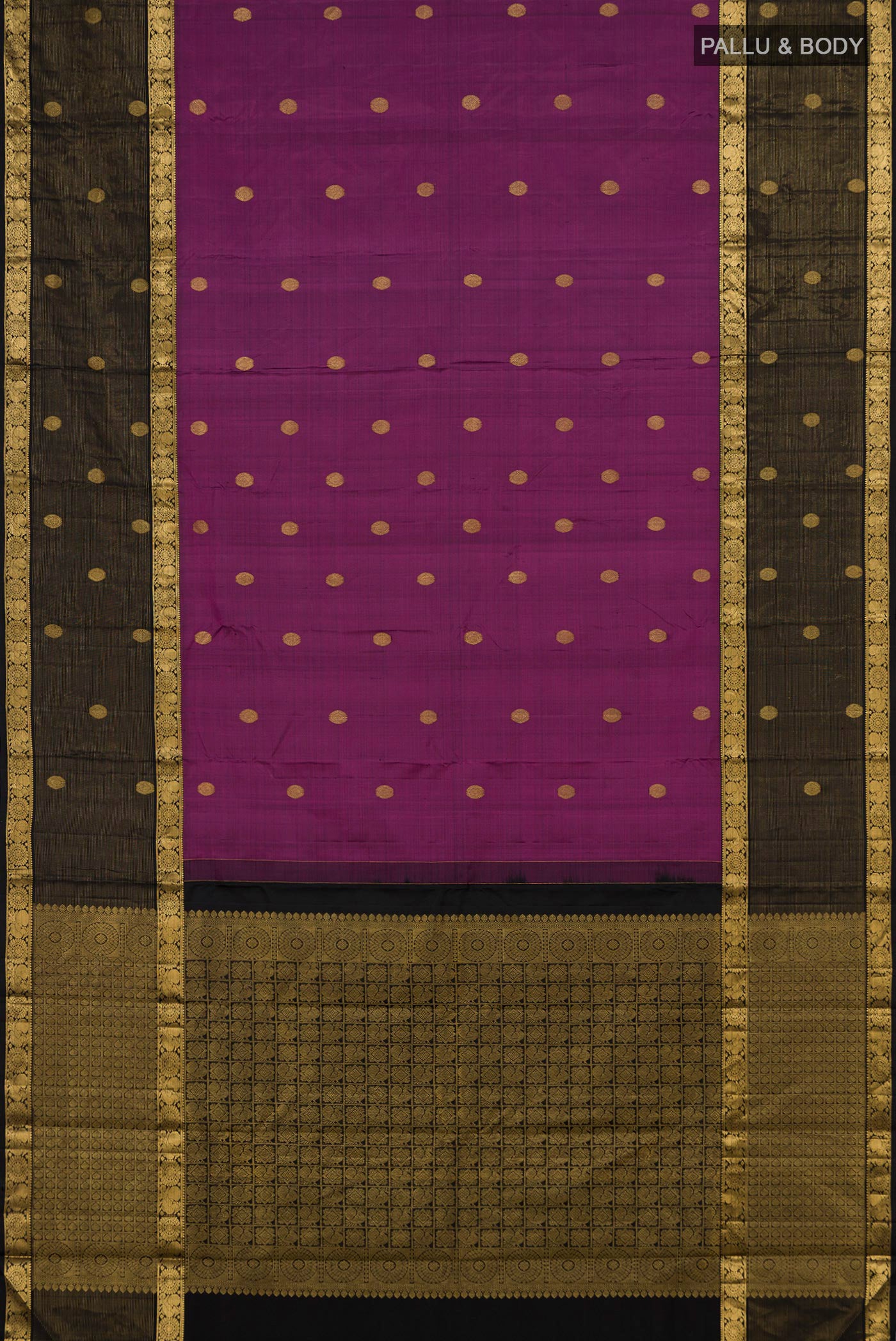 Flat view of Purple Kanjivaram Silk Saree with Zari Butta on the body and Zari Border. 