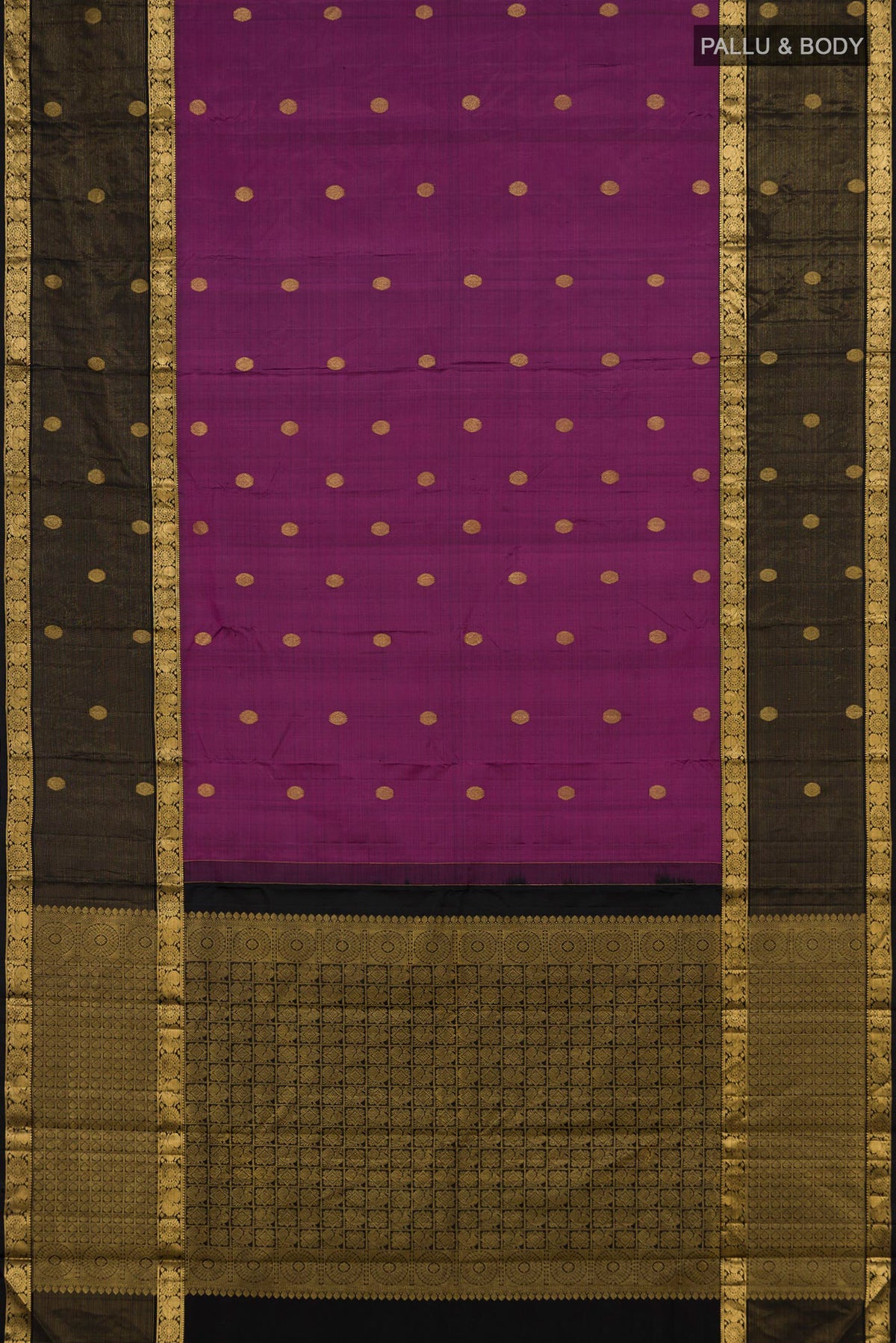 Flat view of Purple Kanjivaram Silk Saree with Zari Butta on the body and Zari Border. 