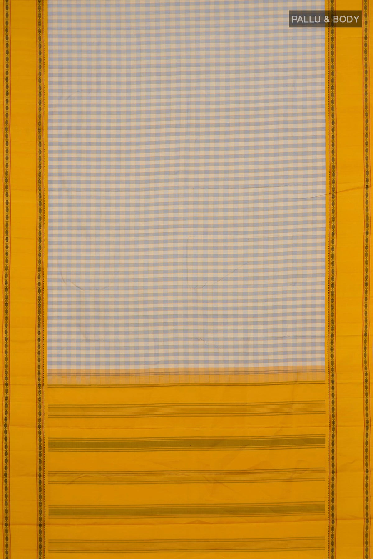 Flat view of Pure Silk Beige Kanjivaram Saree with Checked design on the body and Thread Border. 