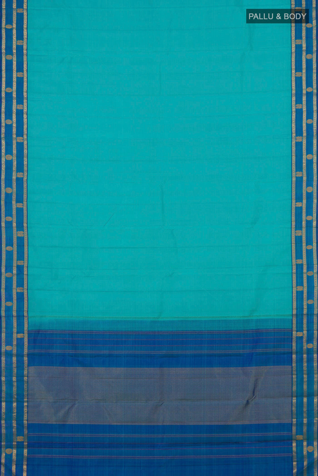 Flat view of Pure Silk Turquoise Kanchipuram Saree with Plain Body and Fancy Border. 