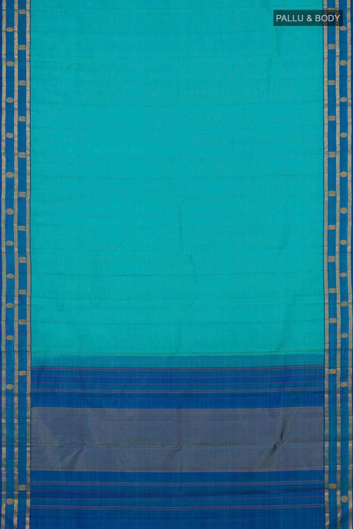 Flat view of Pure Silk Turquoise Kanchipuram Saree with Plain Body and Fancy Border. 