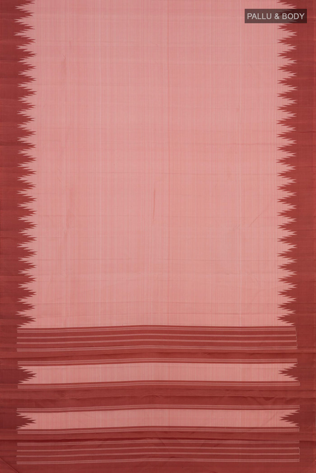 Flat view of Pure Silk Peach Kanchipuram Saree with Plain Body and Temple Thread Border. 