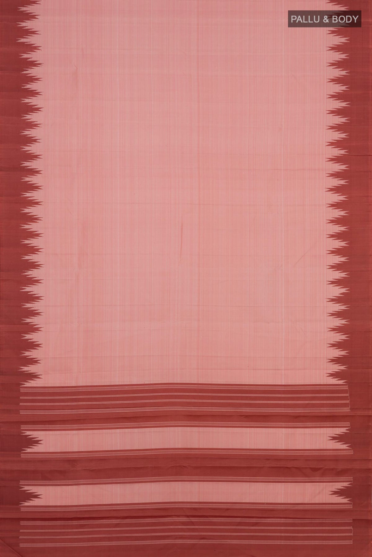 Flat view of Pure Silk Peach Kanchipuram Saree with Plain Body and Temple Thread Border. 