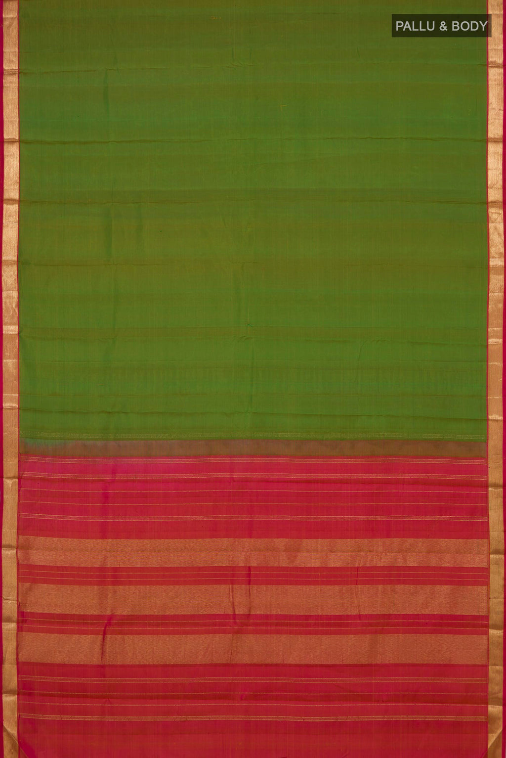 Flat view of Green Kanchipuram Silk Saree with Plain Body and Zari Border. 