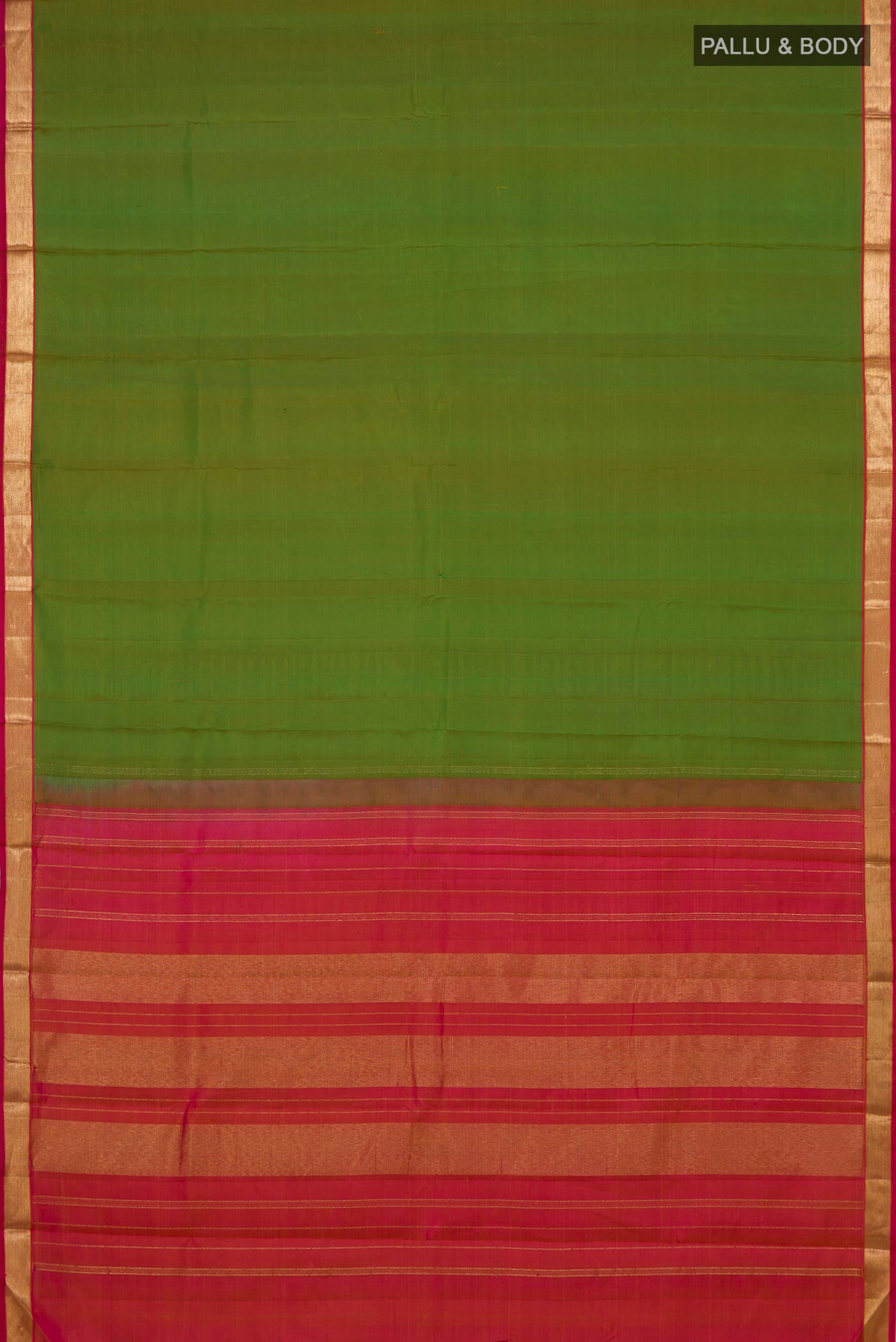Flat view of Green Kanchipuram Silk Saree with Plain Body and Zari Border. 