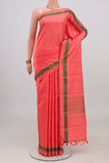 Peach Kanchipuram Silk Saree with Plain Body and Thread Border.  displayed on a mannequin