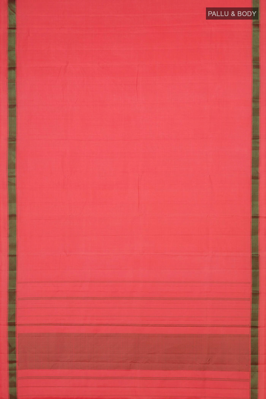 Flat view of Peach Kanchipuram Silk Saree with Plain Body and Thread Border. 