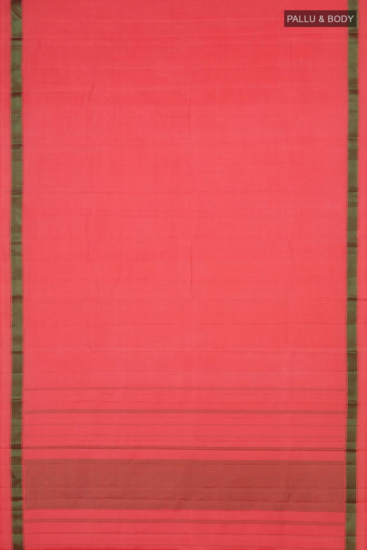 Flat view of Peach Kanchipuram Silk Saree with Plain Body and Thread Border. 
