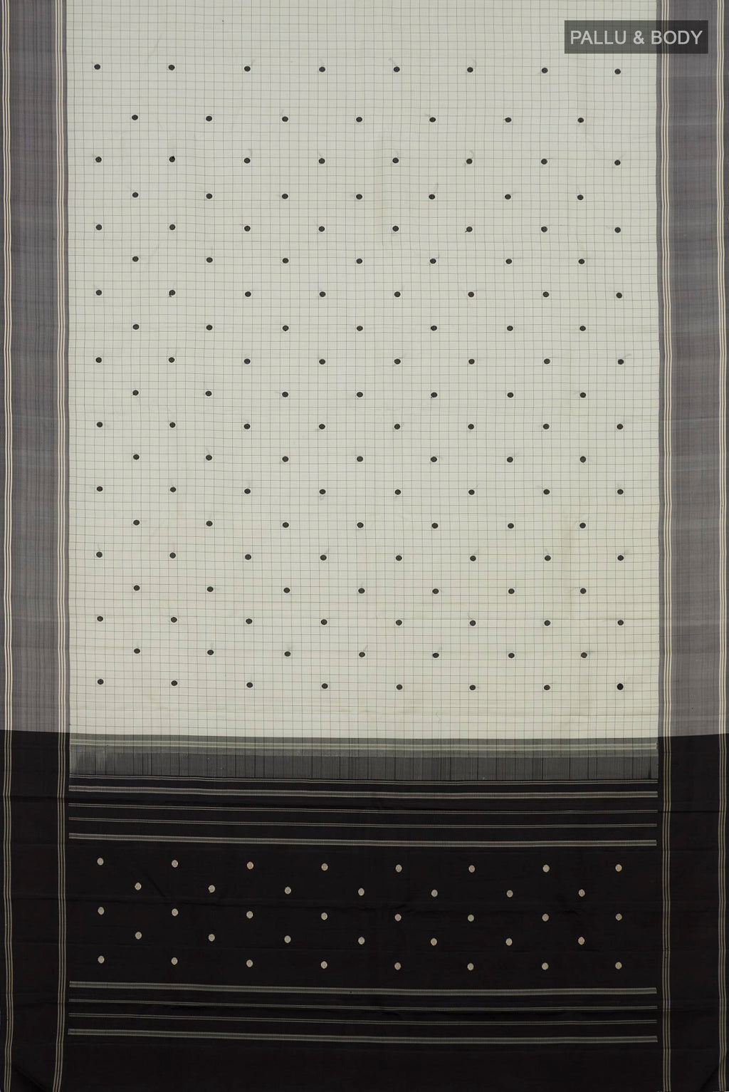 Flat view of Off White Kanchipuram Silk Saree with Checked design on the body and Plain Border. 
